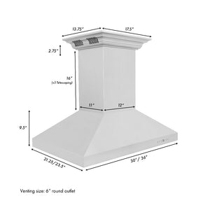 ZLINE 36 in. CrownSound™ Ducted Vent Island Mount Range Hood in Stainless Steel with Built-in Bluetooth Speakers (KL3iCRN-BT-36) dimensional diagram.