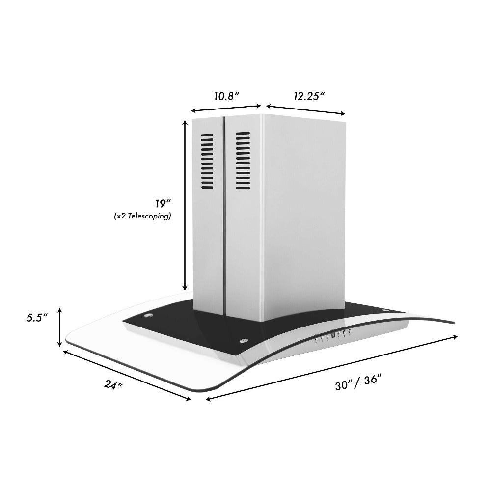 ZLINE 36 in. Convertible Vent Island Mount Range Hood in Stainless Steel and Glass (GL5i-36) dimensional diagram.