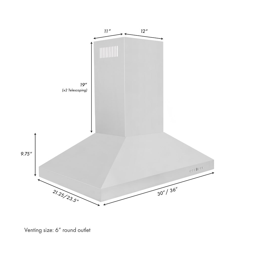 ZLINE 36 in. Convertible Island Mount Range Hood in Stainless Steel (KL3i-36) dimensional diagram.