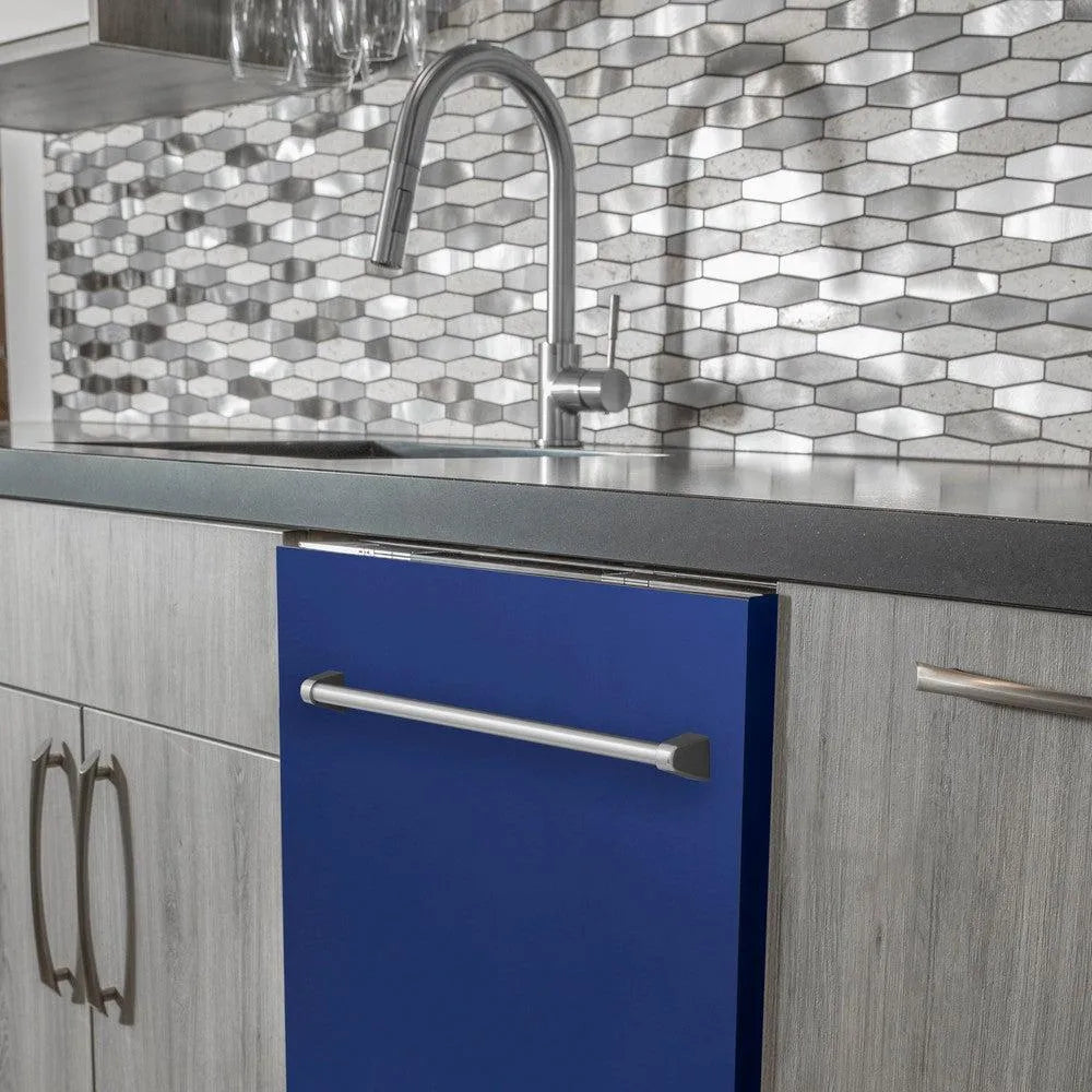 ZLINE 24 in. Top Control Dishwasher with Blue Matte Panel and Traditional Style Handle, 52dBa (DW-BM-24) built-in to modern grey cabinets in a luxury kitchen.