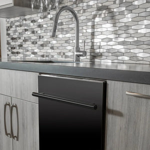ZLINE 24 in. Top Control Dishwasher with Black Stainless Steel Panel and Modern Style Handle, 52dBa (DW-BS-H-24) built-in to modern grey cabinets in a luxury kitchen.