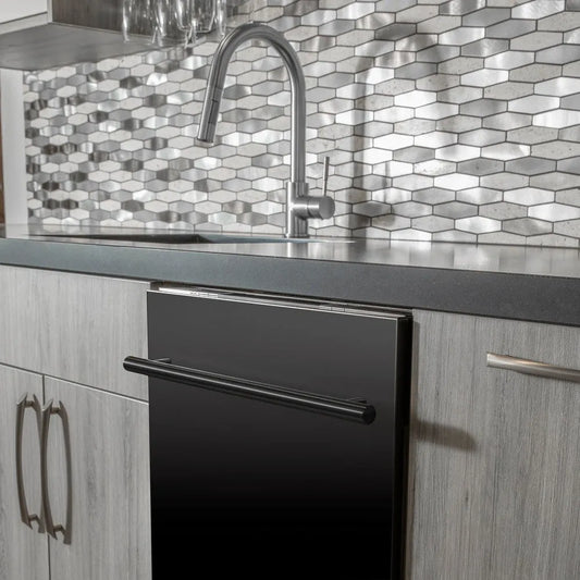 ZLINE 24 in. Top Control Dishwasher with Black Stainless Steel Panel and Modern Style Handle, 52dBa (DW-BS-H-24) built-in to modern grey cabinets in a luxury kitchen.