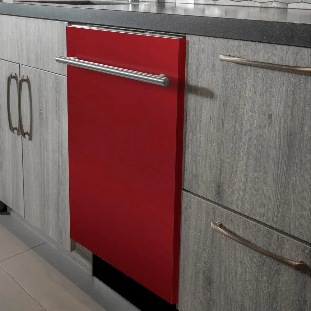 ZLINE 24 in. Top Control Dishwasher with Red Gloss Panel and Modern Style Handle, 52dBa (DW-RG-H-24) built-in to modern grey cabinets in a luxury kitchen.