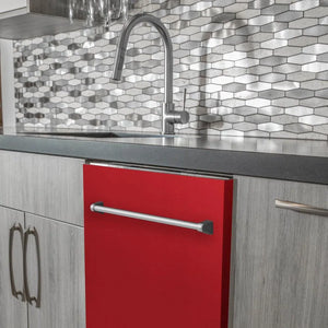 ZLINE 24 in. Top Control Dishwasher with Red Matte Panel and Traditional Style Handle, 52dBa (DW-RM-24) built-in to modern grey cabinets in a luxury kitchen.