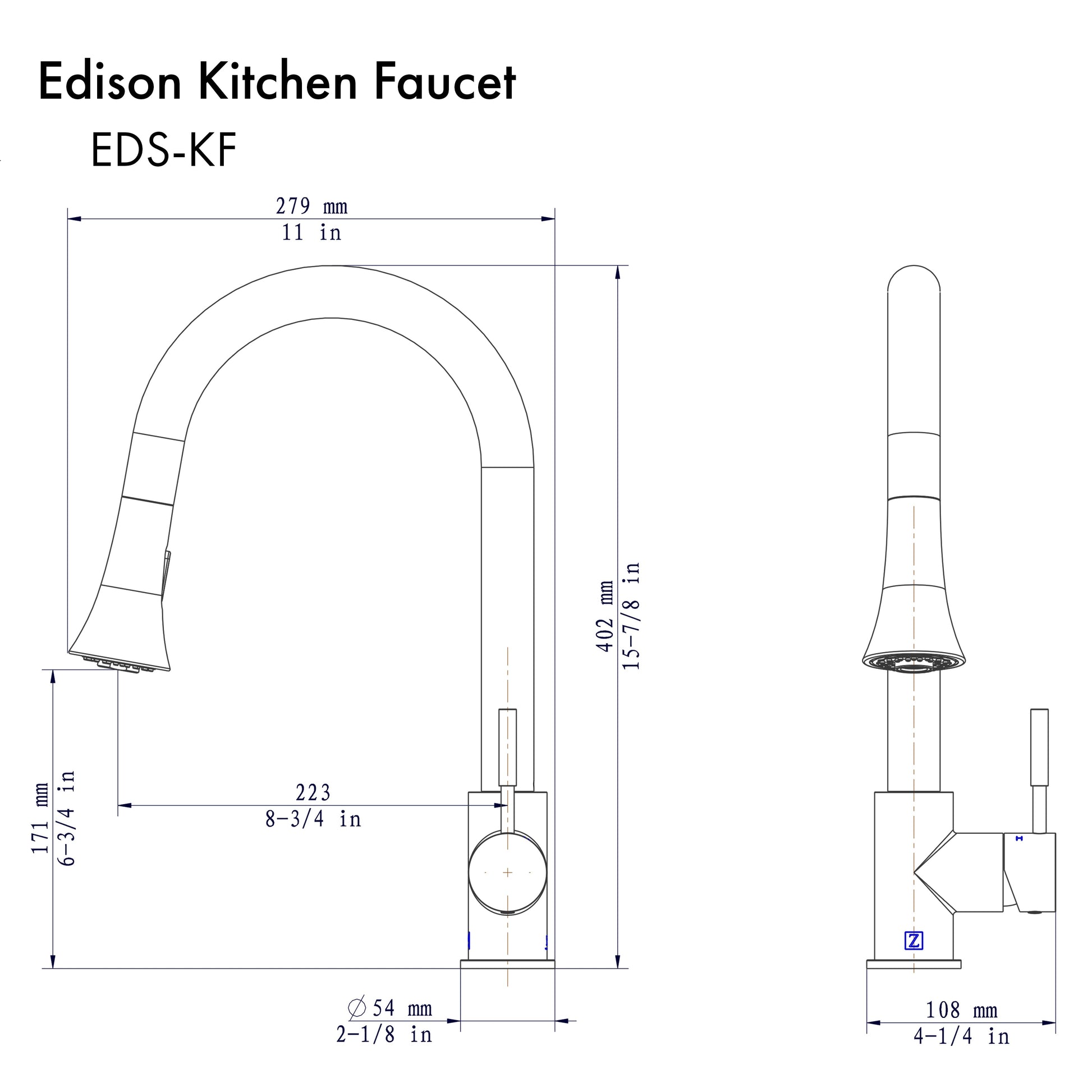 ZLINE Edison Pull Down Kitchen Faucet in Brushed Nickel (EDS-KF-BN) dimensional diagram.