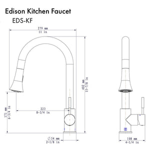 ZLINE Edison Pull Down Single Handle Kitchen Faucet in Brushed Nickel (EDS-KF-BN) dimensional diagram.