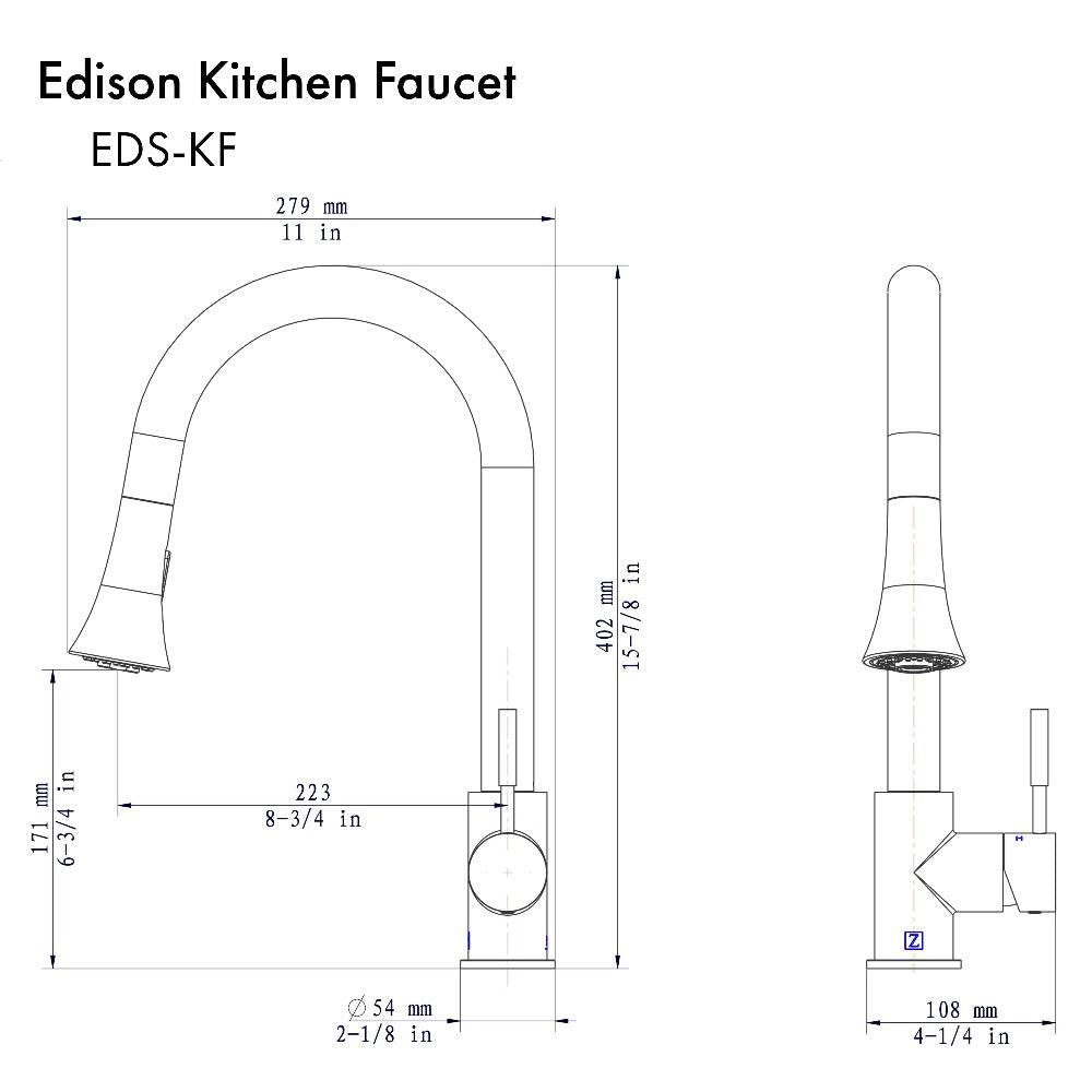 ZLINE Edison Pull Down Kitchen Faucet in Matte Black (EDS-KF-MB) dimensional diagram.