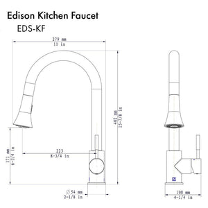 ZLINE Edison Pull Down Single Handle Kitchen Faucet in Matte Black (EDS-KF-MB) dimensional diagram.