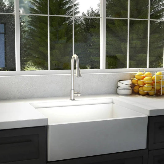 ZLINE Edison Pull Down Single Handle Kitchen Faucet in Brushed Nickel (EDS-KF-BN) in a farmhouse kitchen, side.