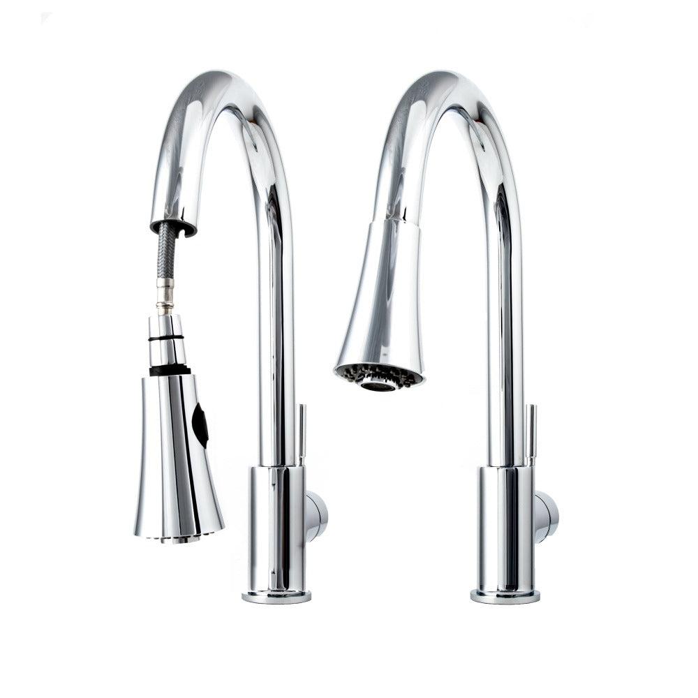 ZLINE Edison Kitchen Faucet in Chrome (EDS-KF-CH) demonstrating pull down spray wand functionality.