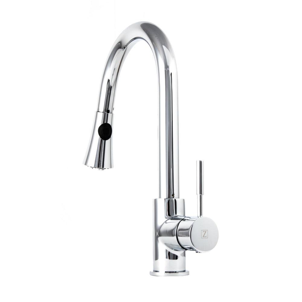 ZLINE Edison Kitchen Faucet in Chrome (EDS-KF-CH) behind.