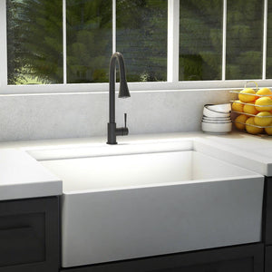 ZLINE Edison Pull Down Single Handle Kitchen Faucet in Matte Black (EDS-KF-MB) in a farmhouse kitchen.