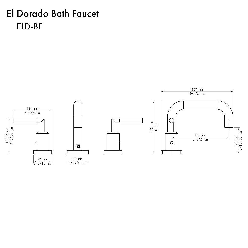 ZLINE El Dorado Widespread Bath Faucet in Matte Black (ELD-BF-MB) dimensional diagram.