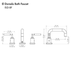 ZLINE El Dorado Widespread Bath Faucet in Polished Gold (ELD-BF-PG) dimensional diagram.