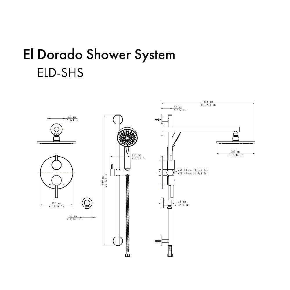 ZLINE El Dorado Rainfall Shower System in Gun Metal (ELD-SHS-GM) dimensional diagram.