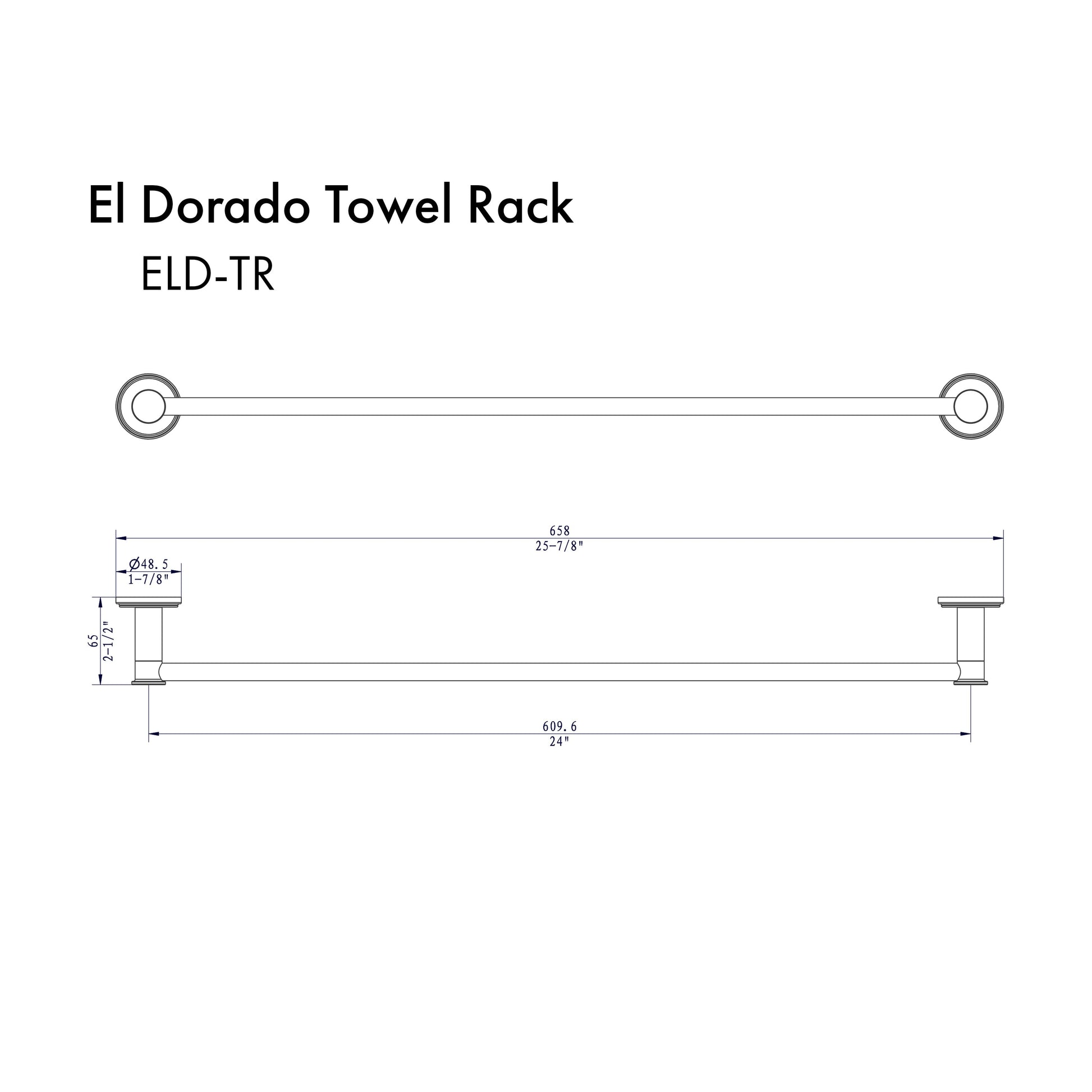 ZLINE El Dorado Towel Rail in Gun Metal (ELD-TR-GM) dimensional diagram.