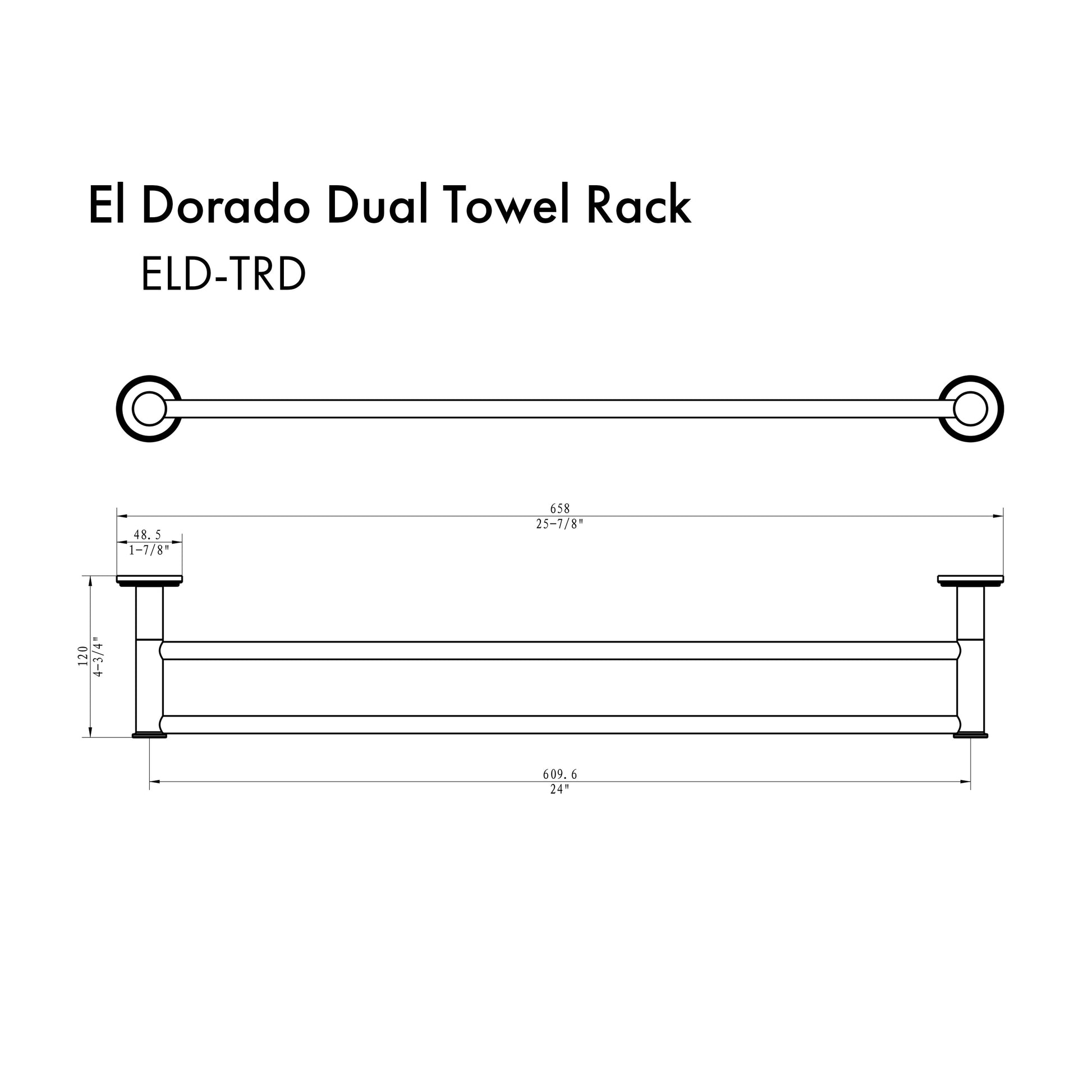 ZLINE El Dorado Double Towel Rail in Matte Black (ELD-TRD-MB) dimensional diagram.