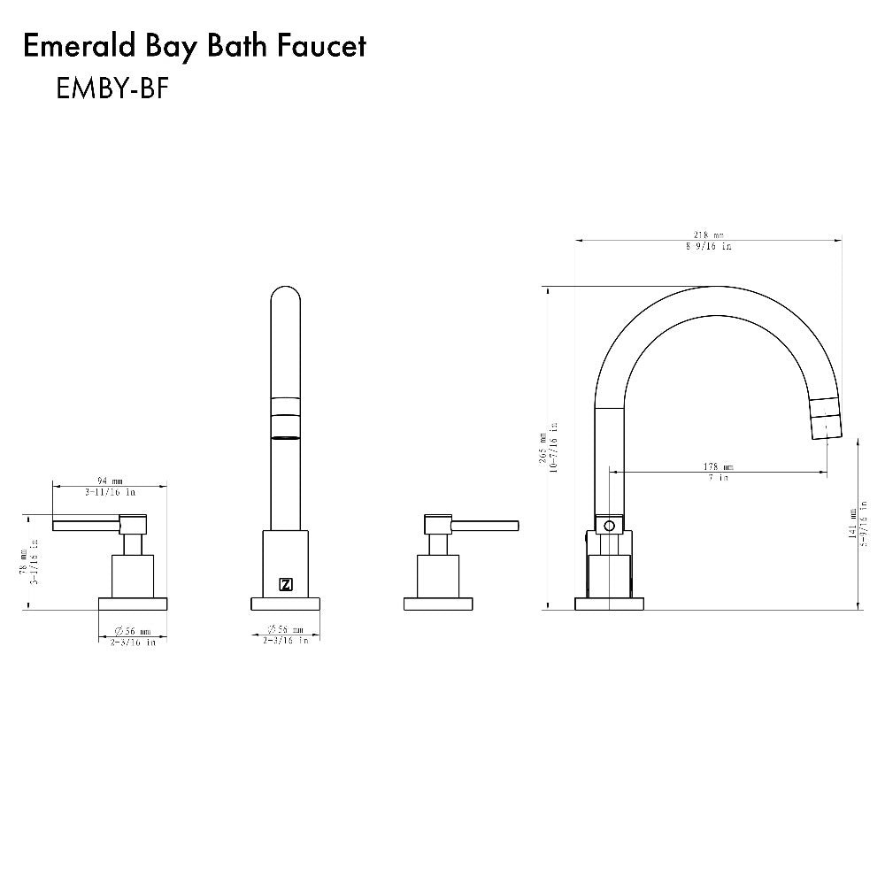 ZLINE Emerald Bay Widespread Bath Faucet in Brushed Nickel (EMBY-BF-BN) dimensional diagram.