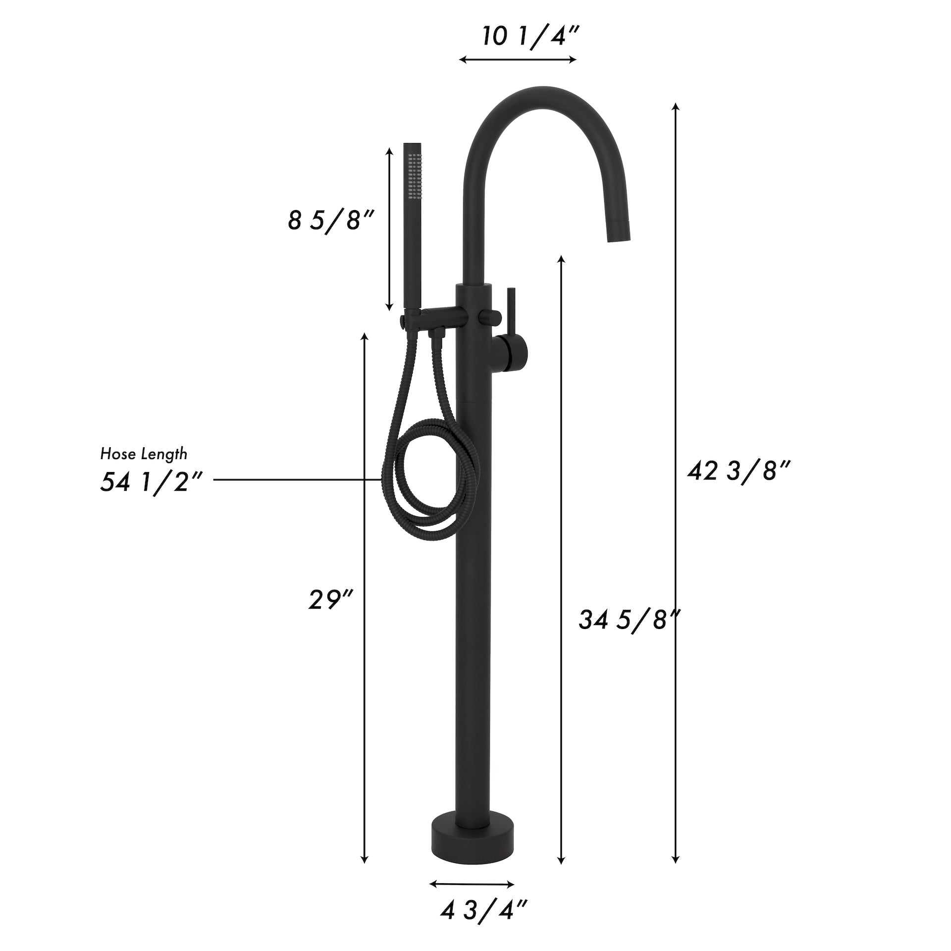 ZLINE Emerald Bay Bath Tub Filler in Matte Black (EMBY-BTF-MB) dimensional diagram.