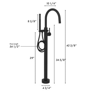 ZLINE Emerald Bay Bath Tub Filler with Hand Shower in Matte Black (EMBY-BTF-MB) dimensional diagram.