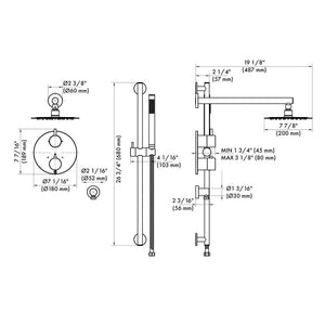 ZLINE Emerald Bay Thermostatic Shower System in Matte Black (EMBY-SHS-T2-MB) dimensional diagram.
