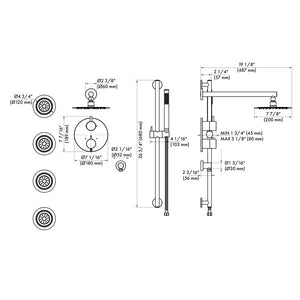 ZLINE Emerald Bay Thermostatic Shower System with Body Jets in Chrome (EMBY-SHS-T3-CH) dimensional diagram.