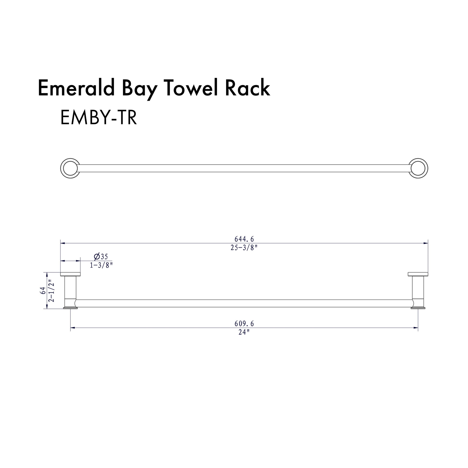 ZLINE Emerald Bay Towel Rail in Brushed Nickel (EMBY-TR-BN) dimensional diagram.