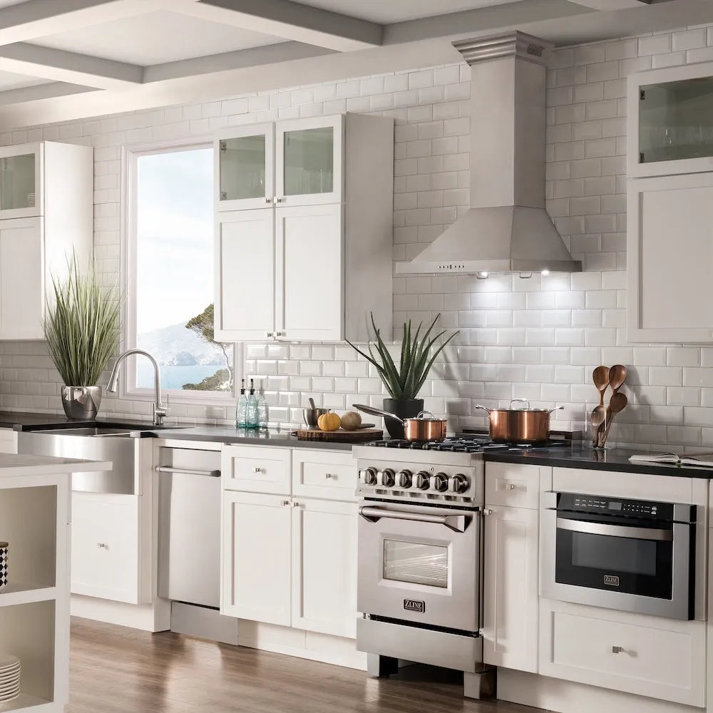 Farmhouse kitchen with white cabinets, ZLINE 24 in. CrownSound™ Ducted Vent Wall Mount Range Hood in Stainless Steel with Built-in Bluetooth Speakers (KBCRN-BT-24), and decorative elements.