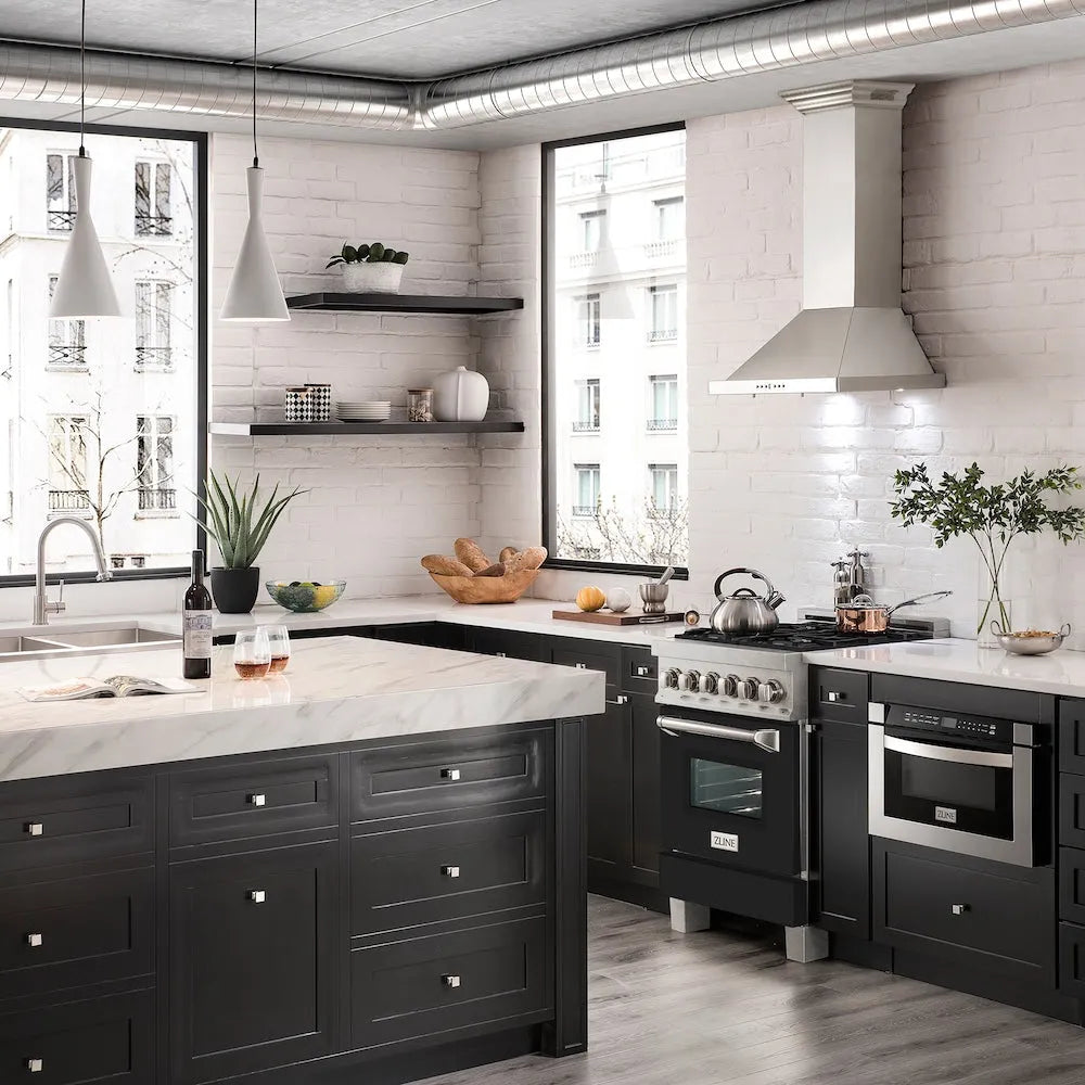 ZLINE 24 in. 2.8 cu. ft. Legacy Dual Fuel Range with 4 Burner Gas Cooktop and Electric Convection Oven in Satin Stainless Steel and Black Matte Door (RAS-BLM-24)