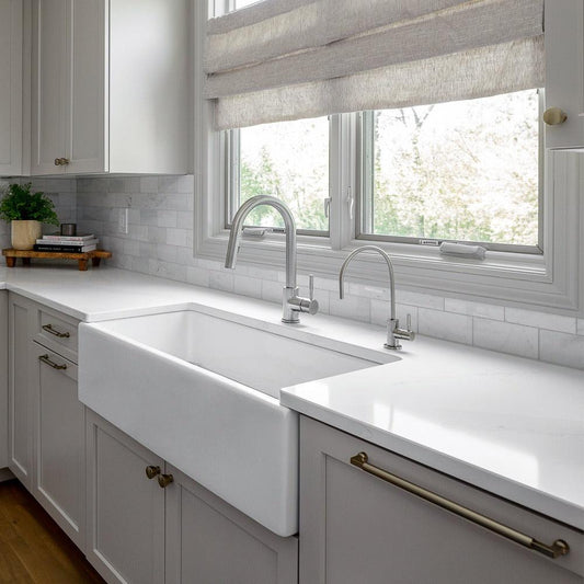 ZLINE Gemini Kitchen Faucet in Chrome (GEM-KF-CH) in a luxury cottage-style kitchen.