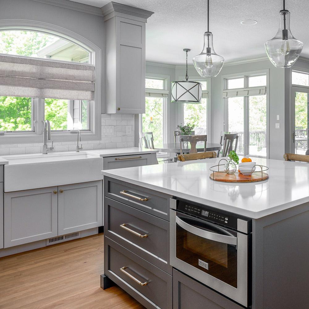 ZLINE Gemini Kitchen Faucet in Chrome (GEM-KF-CH) in a luxury kitchen, wide.