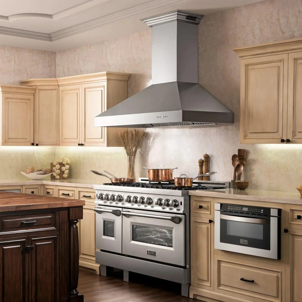 Designer kitchen with stainless steel range and ZLINE 48 in. CrownSound™ Ducted Vent Wall Mount Range Hood in Stainless Steel with Built-in Bluetooth Speakers (667CRN-BT-48), wooden cabinets, and decorative elements.