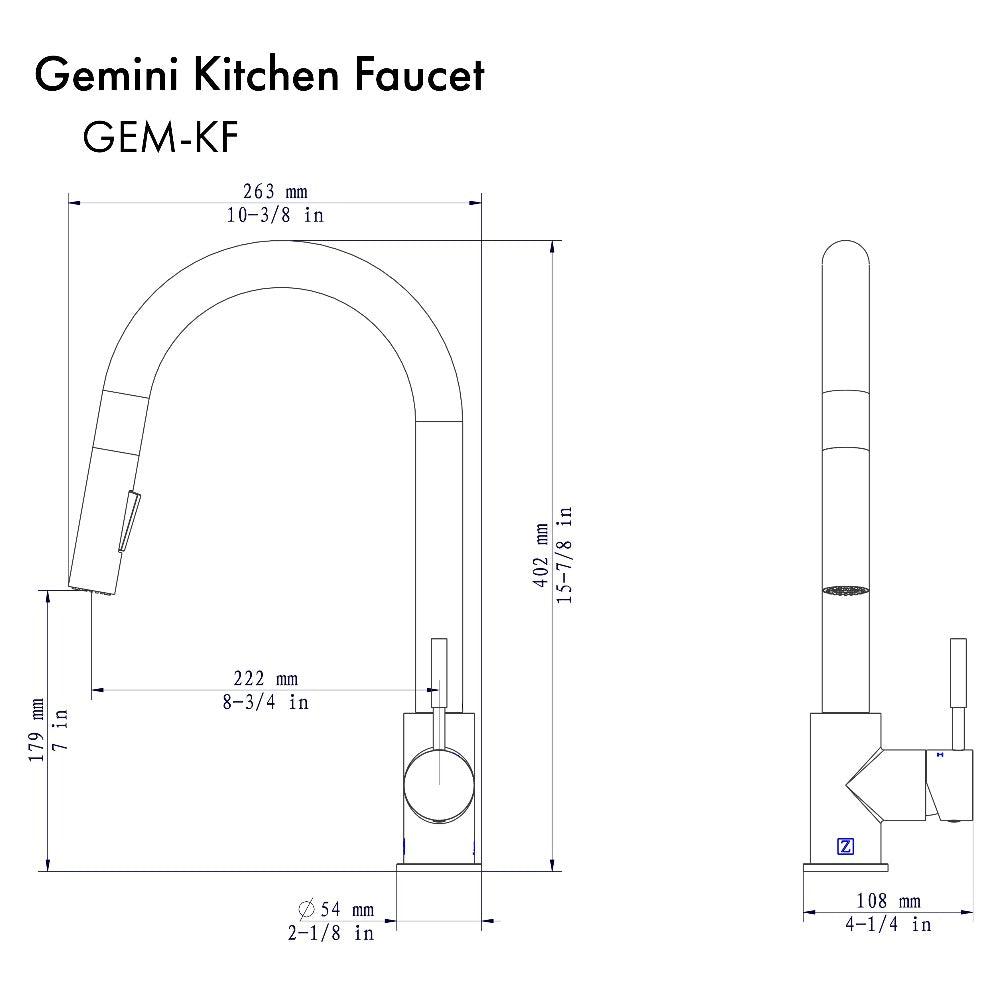 ZLINE Gemini Pull Down Kitchen Faucet in Matte Black (GEM-KF-MB) dimensional diagram.