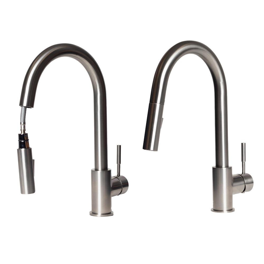 ZLINE Gemini Kitchen Faucet in Brushed Nickel (GEM-KF-BN) demonstrating pull down spray wand functionality.