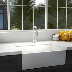 ZLINE Gemini Kitchen Faucet in Brushed Nickel (GEM-KF-BN) in a farmhouse kitchen.