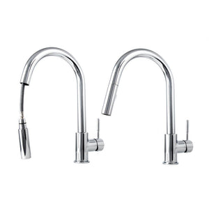ZLINE Gemini Pull Down Single Handle Kitchen Faucet in Chrome (GEM-KF-CH) demonstrating pull down spray wand functionality.