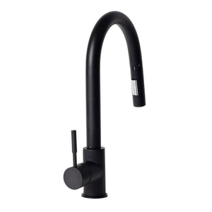 ZLINE Gemini Kitchen Faucet in Matte Black (GEM-KF-MB) behind.