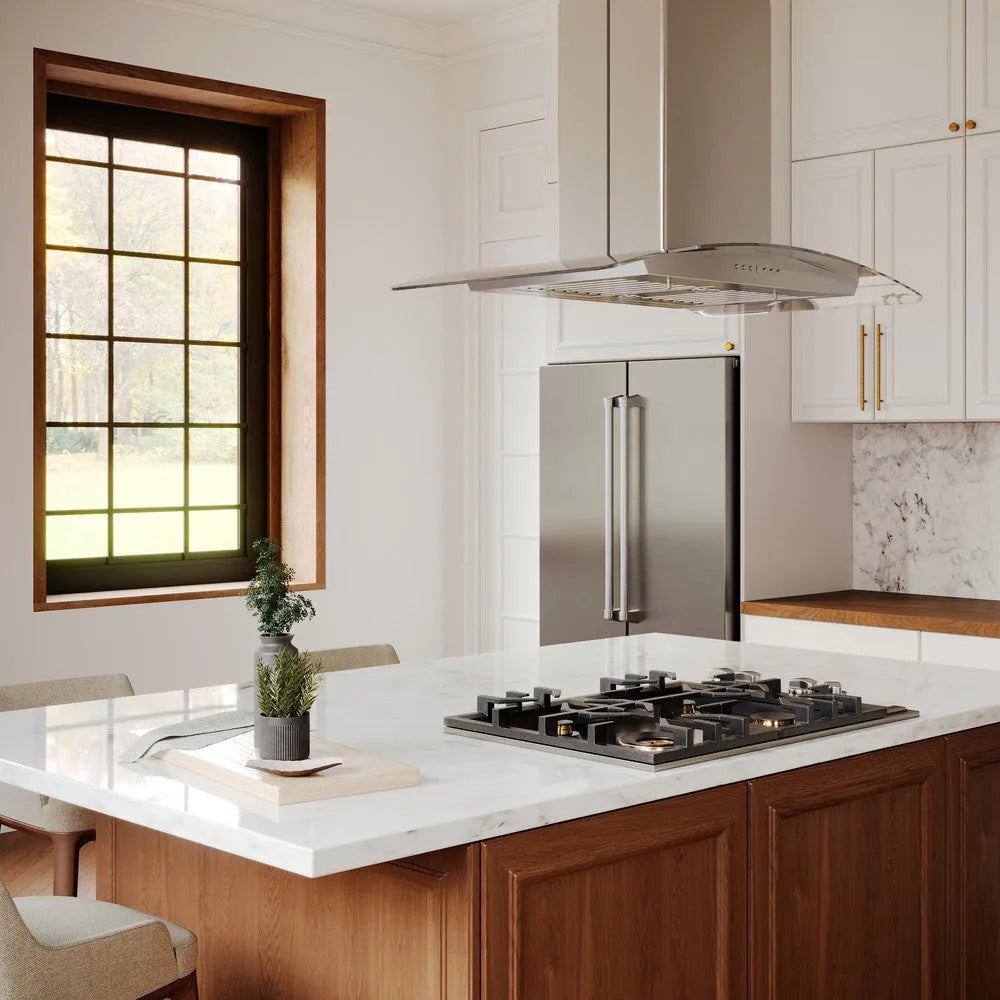ZLINE 36 in. Convertible Vent Island Mount Range Hood in Stainless Steel and Glass (GL5i-36) in a luxury kitchen with walnut wood details and white countertops and cabinets.