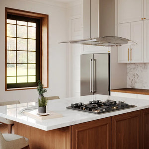 ZLINE 36 in. Convertible Vent Island Mount Range Hood in Stainless Steel and Glass (GL5i-36) in a luxury kitchen with walnut wood details and white countertops and cabinets.