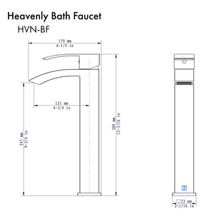 ZLINE Heavenly Single Handle Vessel Sink Bath Faucet in Gun Metal (HVN-BF-GM) dimensional diagram.