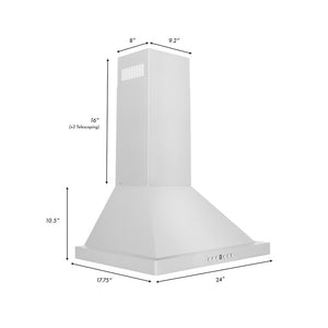 ZLINE 24 in. Convertible Vent Wall Mount Range Hood in Stainless Steel (KB-24) dimensional diagram.
