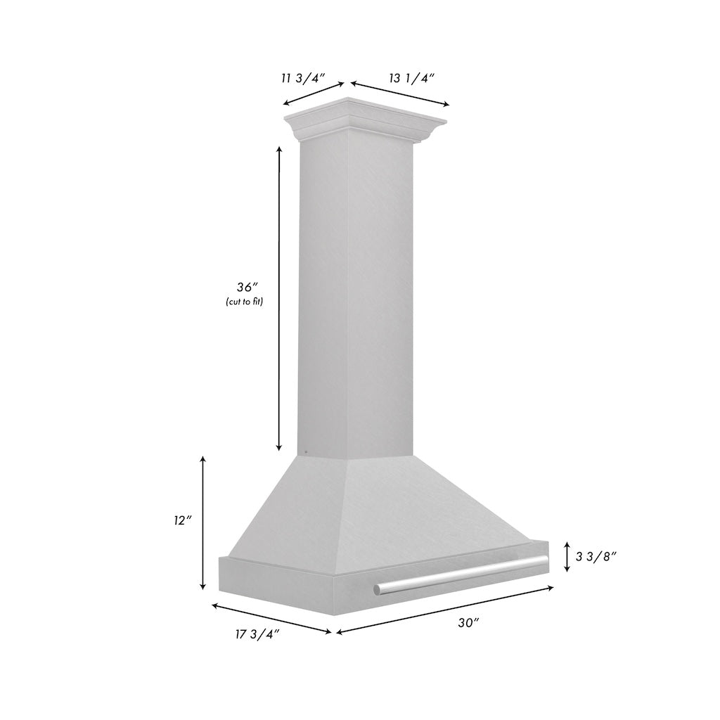 ZLINE Convertible Fingerprint Resistant DuraSnow® Stainless Steel Range Hood with Stainless Steel Handle (KB4SNX) dimensional diagram with measurements.