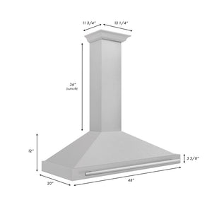 ZLINE 48 in. Convertible Satin Stainless Steel Wall Mount Range Hood with Stainless Steel Handle (KB4SNX-48) dimensional diagram.