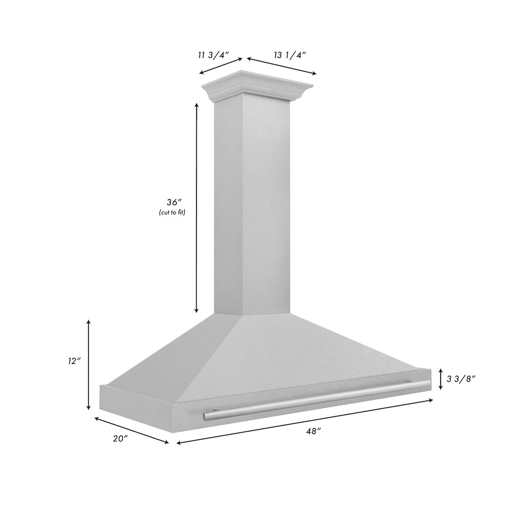 ZLINE Convertible Fingerprint Resistant DuraSnow® Stainless Steel Range Hood with Stainless Steel Handle (KB4SNX) dimensional diagram with measurements.