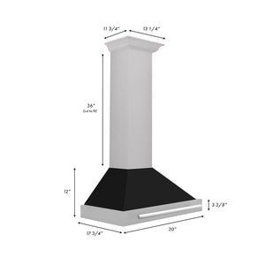 ZLINE 30 in. Convertible Satin Stainless Steel Wall Mount Range Hood with Black Matte Shell and Stainless Steel Handle (KB4SNX-BLM-30) dimensional diagram.