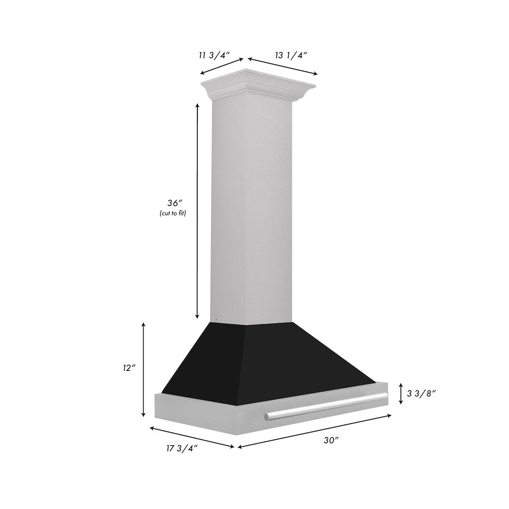 ZLINE Convertible Fingerprint Resistant DuraSnow® Stainless Steel Range Hood with Black Matte Shell and Stainless Steel Handle (KB4SNX-BLM) dimensional diagram with measurements.