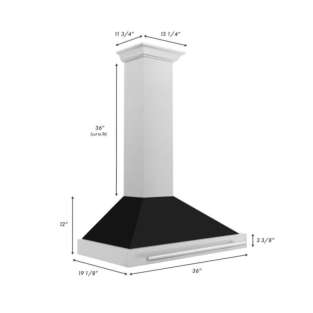 ZLINE Convertible Fingerprint Resistant DuraSnow® Stainless Steel Range Hood with Black Matte Shell and Stainless Steel Handle (KB4SNX-BLM) dimensional diagram with measurements.