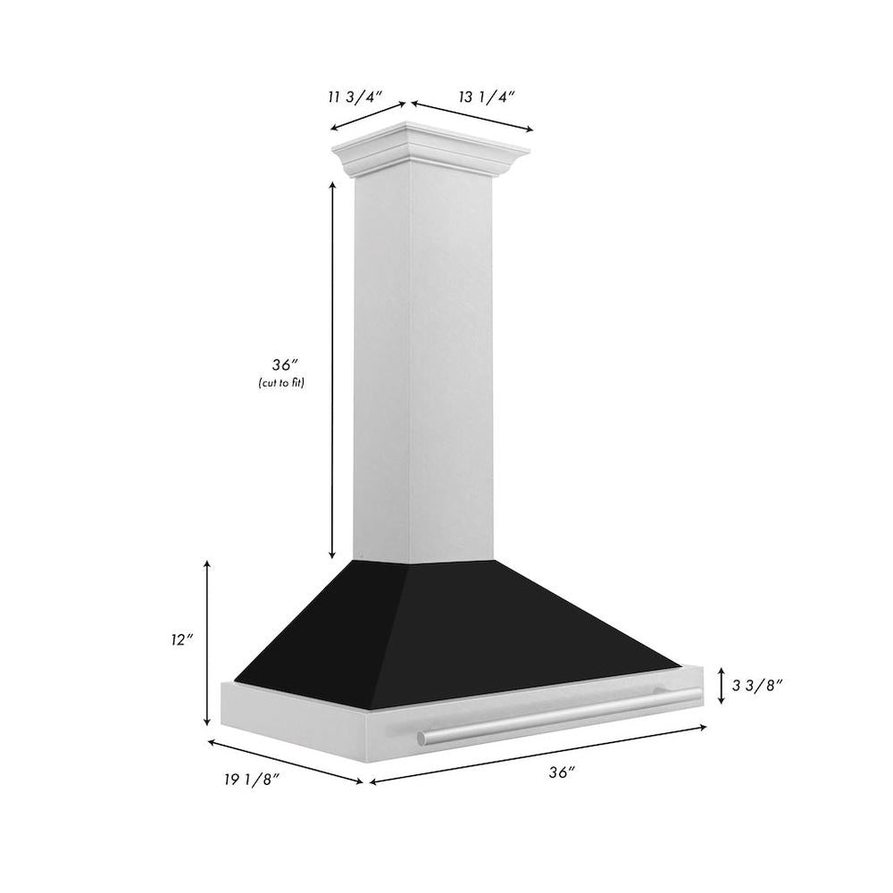 ZLINE 36 in. Convertible Satin Stainless Steel Wall Mount Range Hood with Black Matte Shell and Stainless Steel Handle (KB4SNX-BLM-36) dimensional diagram.