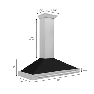 ZLINE Convertible Fingerprint Resistant DuraSnow® Stainless Steel Range Hood with Black Matte Shell and Stainless Steel Handle (KB4SNX-BLM) dimensional diagram with measurements.