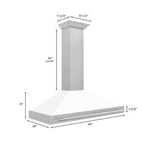 ZLINE 48 in. Convertible Satin Stainless Steel Wall Mount Range Hood with White Matte Shell and Stainless Steel Handle (KB4SNX-WM-48) dimensional diagram.